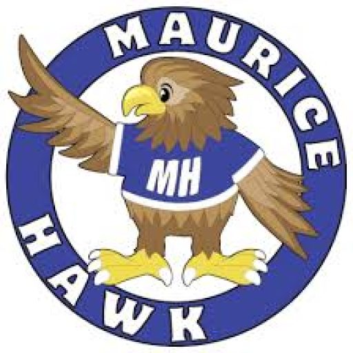 The Maurice Hawk logo. A cartoon hawk wearing a blue t-shirt while looking to its right. The hawk stands inside of a blue ring with the words "Maurice Hawk" on the ring.